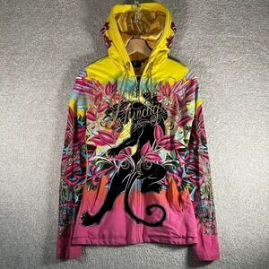 Women's Y2K Christian Audigier crazy bling all over print panther zip up hoodie